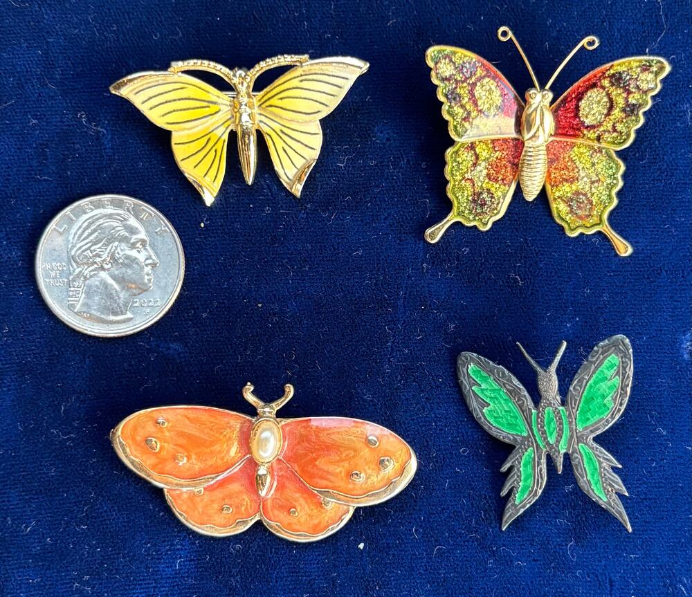 Vintage Metal Enamel Bundle Lot 4 Butterfly Brooch Pins Textured Yellow Orange